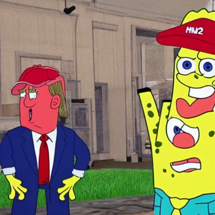 Image similar to ps 2 donald trump dressed like spongebob. play station 2 graphics