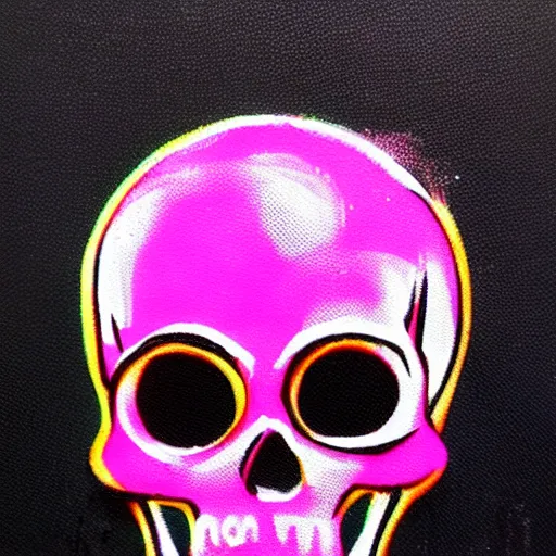 Image similar to a cartoon skull spray painted on a black background with dripping pink spray paint, pixel art, three fourths view, black background!!!!!