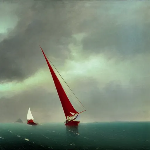 Image similar to minimalist symmetrical red clouds and green ocean in iceland fjord with tall futuristic zaha hadid sailboat painting by ivan aivazovsky