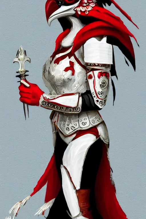 Image similar to female adventurer in tight full - body white leather armor of ukrainian vyshyvanka design with red accents and a red porcelain crow mask, trending in artstation, ukrainian, artstation, big moon in the background, establishing shot