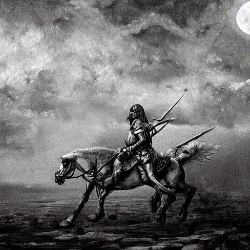 Prompt: a haunting Digital art of a tired spartan soldier riding a skeleton horse on the battlefield in the style of an oil painting, acrylic, bleak, moonlight, detailed, dark, ominous, threatening, haunting, forbidding, gloomy,stormy, doom, apocalyptic,sinister, shadowy, ghostly,unnerving, harrowing, dreadful ,frightful, shocking, terror, hideous, ghastly, terrifying