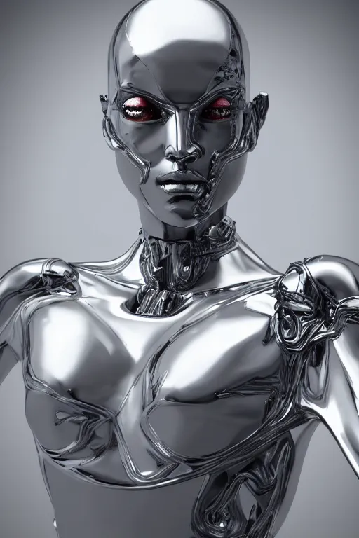 Image similar to humanoid creature with a chrome body made from gray jelly smooth face, cyberpunk, realistic, high definition, many details, symmetrical face, realistic eyes, unreal engine art 5