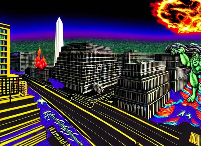 Image similar to maximalist 3 d render of giant bigfoot destroying washington dc, debris and fire, collapsed buildings, monster, hyperdetailed against a psychedelic surreal background in the style of 1 9 9 0's cg graphics against the cloudy night sky, lsd dream emulator psx, 3 d rendered y 2 k aesthetic by ichiro tanida, 3 do magazine, wide shot