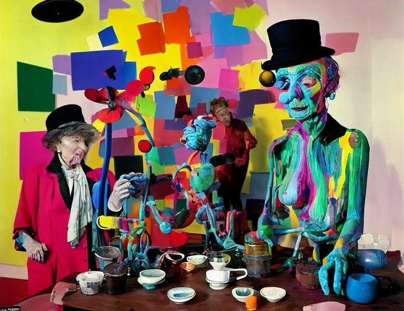 Image similar to a colorful installation artwork of a old and strange dusty professor in black suite and hat and a old woman making a study of drinking 1 0 cups of black coffee in 5 seconds in a kitchen that is melting, styled by jean tinguely and niki de saint phalle