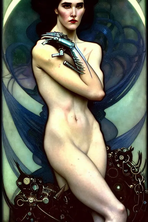 Image similar to young and beautiful evil cyborg jennifer connelly by future steichen in the style of tom bagshaw, alphonse mucha, gaston bussiere, cyberpunk. anatomically correct elegant cybernetic body mods. extremely lush detail. masterpiece. melancholic scene infected by night. perfect composition and lighting. sharp focus. high contrast lush surrealistic photorealism. sultry evil plan.