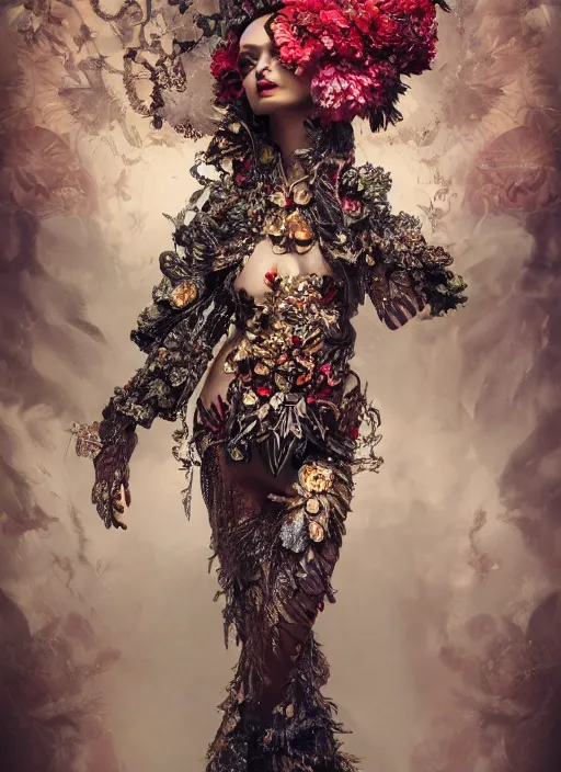 Prompt: full body photo of a female model, ornate headpiece made from flowers, ornaments, glamour shot, by karol bak, by stefan gesell, photorealistic, canon r 3, fashion photography, hyper maximalist, elegant, ornate, luxury, elite, environmental portrait, symmetrical features, octane render, unreal engine, solid dark grey background, dramatic lights