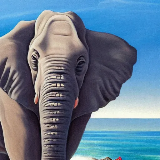 Image similar to close-up of Kim Jong-un riding an elephant on the edge of a cliff by the ocean, realism oil on canvas, 8k, highly detailed, highly intricate,