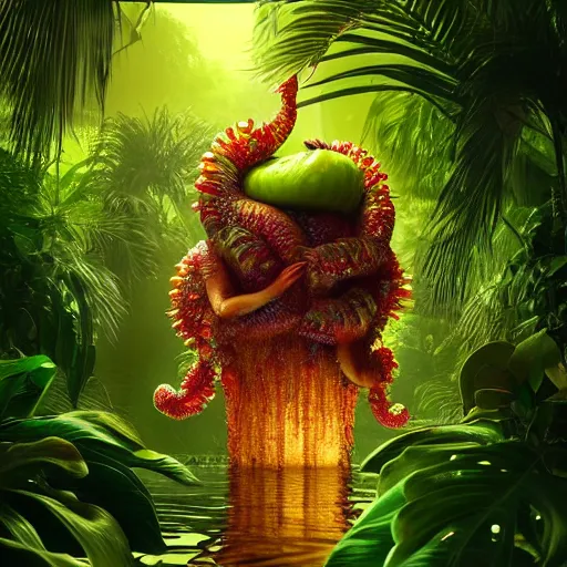 Image similar to tropical fruit creature in a lush trunda vegetation, water reflection, night, backlit, warm tones, bioluminescent : by michal karcz, daniel merriam, victo ngai and guillermo del toro : ornate, dynamic, particulate, intricate, elegant, highly detailed, centered, artstation, smooth, sharp focus, octane render, 3 d