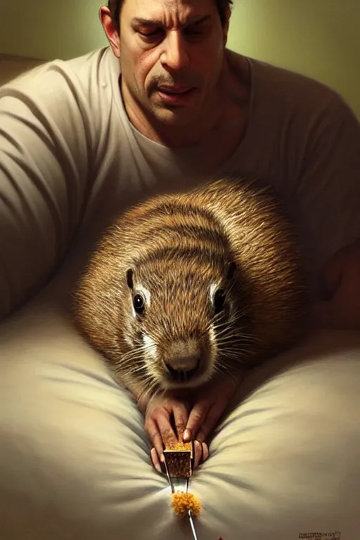 Image similar to drug addicted groundhog with a needle lies on the bed, realistic portrait, highly detailed, digital painting, artstation, concept art, smooth, sharp focus, illustration, cinematic lighting, art by artgerm and greg rutkowski and alphonse mucha