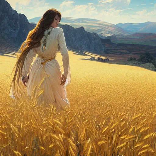 Image similar to ultra realistic illustration, endless wheat fields on the mountainside, intricate, elegant, highly detailed, digital painting, artstation, concept art, smooth, sharp focus, illustration, art by artgerm and greg rutkowski and alphonse mucha