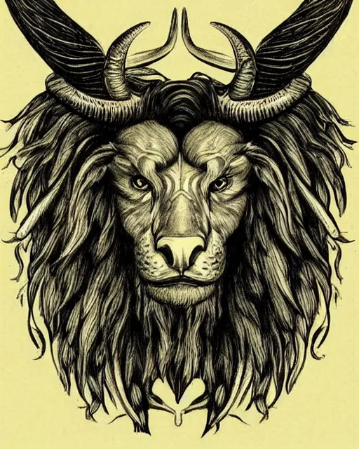 Image similar to human / eagle / lion / ox hybrid. horns, beak, mane. symmetrical. drawn by da vinci