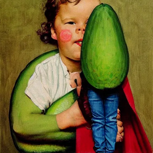 Image similar to Front portrait of Super-avocado-girl! A painting by Norman Rockwell.