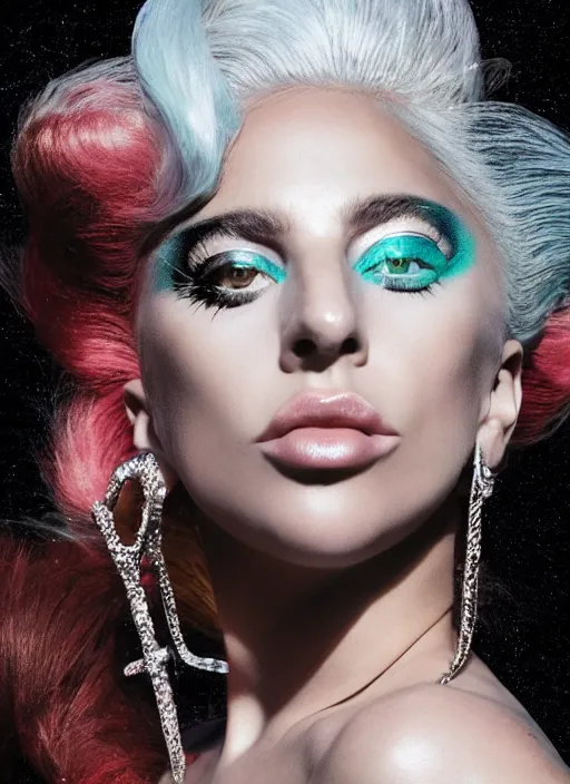 Image similar to lady gaga styled by nick knight posing, chromatica album inspired, photohoot, set pieces, intricate set, vogue magazine, canon, highly realistic. high resolution. highly detailed. dramatic. 8 k. 4 k.