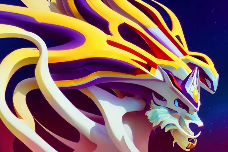 Prompt: close up profile of a solgaleo, colourful, elegant, kaiju, alphonse mucha, rhads, ross tran, artstation, artgem, octane render, 1 6 k