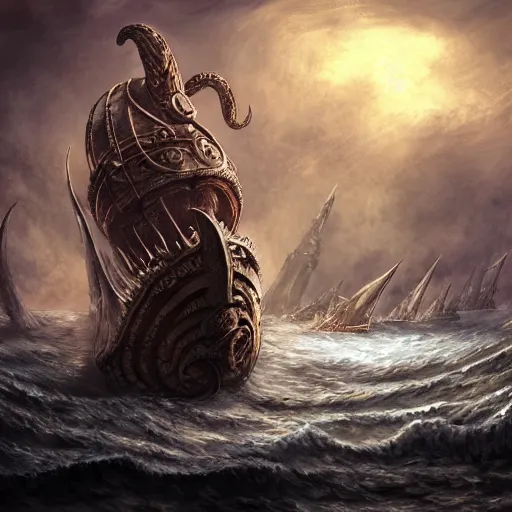 Prompt: kraken breaking epic viking ship, kraken, wrecked ship, centered in picture, epic fantasy, detailed, intricate, digital painting, concept art, realistic, smooth, focus, rim light