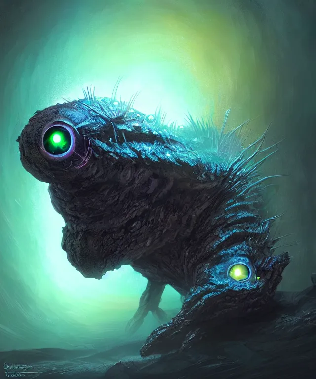 Image similar to a tiny critter with enormous eyes made of bioluminescence, fantasy, elegant, crisp 8 k line work, emissive lighting, digital painting, artstation, unreal engine, octane render, concept art, matte, sharp focus, illustration, art by bob eggleton