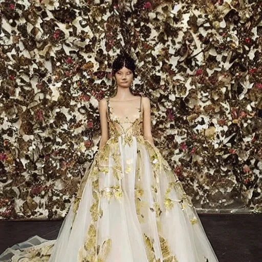 Prompt: a long wedding dress with a train made of flower petals made of light - colored fabric. transparent in places. in places, patterns of precious stones. intricate patterns of gold thin threads. fantasy. clear details