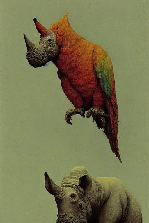 Prompt: painting of cross between parrot & rhino, intercrossed animal, by zdzislaw beksinski, by tiffany bozic, warm tone gradient background, concept art, beautiful composition, digital painting,