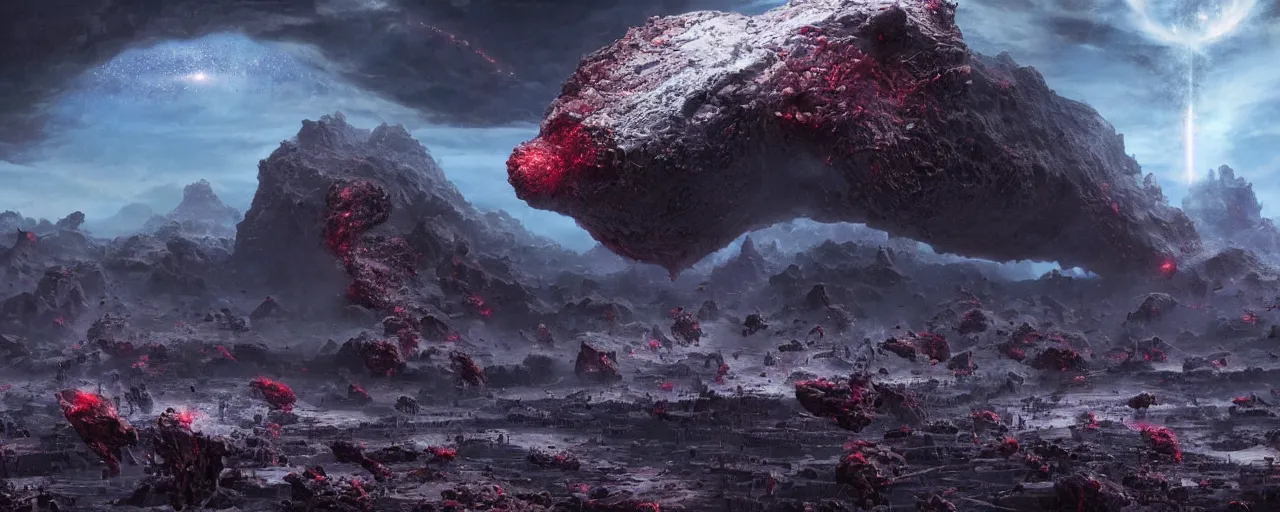 Prompt: ” asteroids made of blood and rats, [ bubbles, by wayne barlowe, cinematic, detailed, epic, widescreen, opening, establishing, mattepainting, photorealistic, realistic textures, octane render ] ”