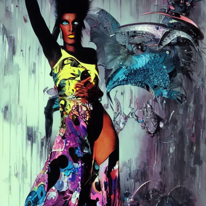 Prompt: fashionable photo of grace jones in stylish goth make - up, portrait, cyberpunk, feminine, pastel colors, highly detailed, vibrant painting, volumetric light, petite, digital art, by bruce pennington, by wayne barlowe, by takashi murakami, by john berkey