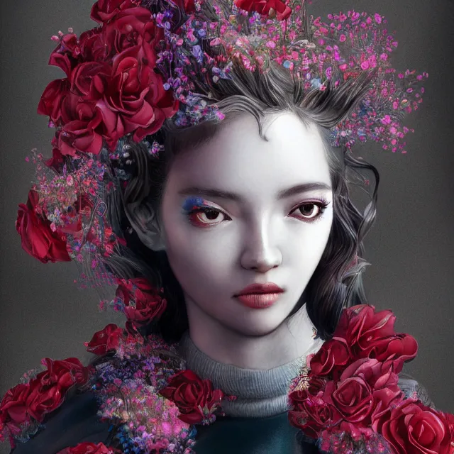 Image similar to studio portrait absurdly beautiful, elegant, graceful, hypercolorful contrast sensual young gravure idol rubies red petals gems, ultrafine hyperrealistic detailed face illustration by kim jung gi, irakli nadar, intricate linework, sharp focus, bright colors, matte, octopath traveler, final fantasy, unreal engine highly rendered, global illumination, radiant light, intricate environment