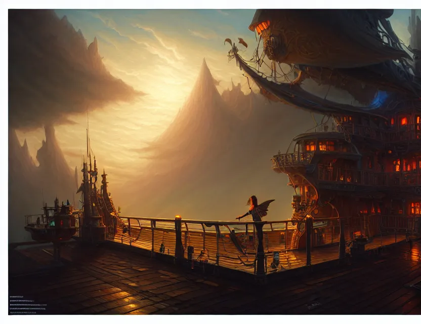 Image similar to standing upon the deck of the flying ship, d & d fantasy art, artstation contest winner, beautiful digital painting in the style of dan mumford, art by kev chan, volumetric lighting, intricate details, concept art, ultrarealistic, deep colors, cgsociety, by art germ, by gerald brom, by peter mohrbacher