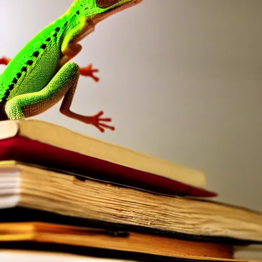 Image similar to the! geico! gecko on a table,! being crushed! by a stack of books