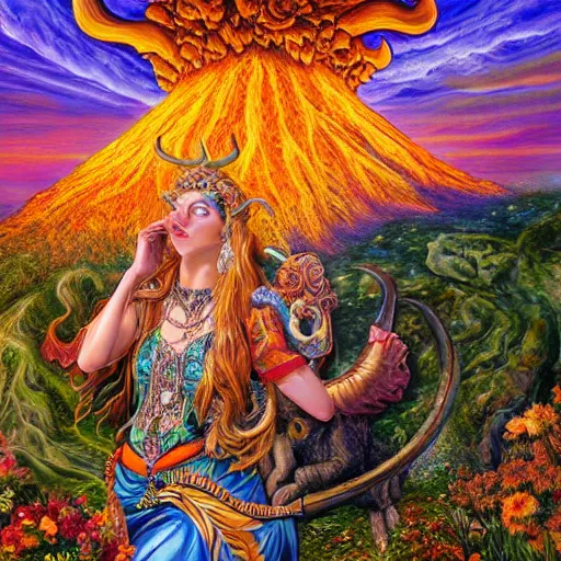 Prompt: josephine wall, horned ram goddess, checking her cell phone, erupting volcano in distance, sunset, flowers in foreground, zodiac, fantasy acrylic on canvas, intricately detailed, highly detailed, high resolution, hdr, 8 k, by senior concept artist, trending on artstation