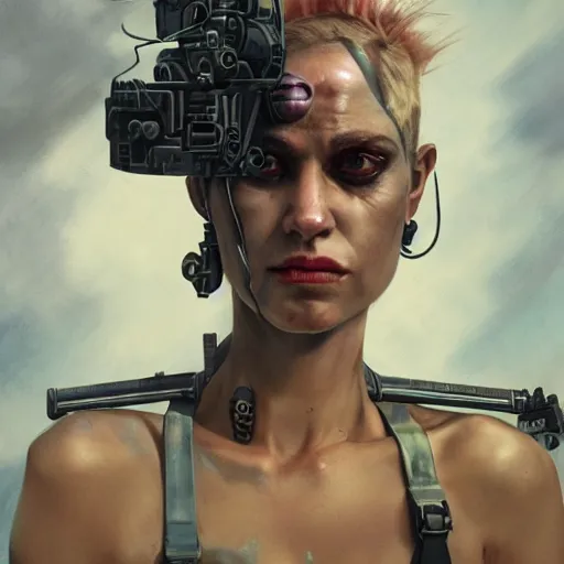 Image similar to tank girl, highly detailed, half human, half cyborg, power implants, full body transmogrify, low camera angle, point of view looking up from below, beautiful, mesmerising, look of desire, loving stare, battle action shot, digital painting, trending on artstation, concept art, 4 k, sharp focus, illustration, art by greg rutkowski