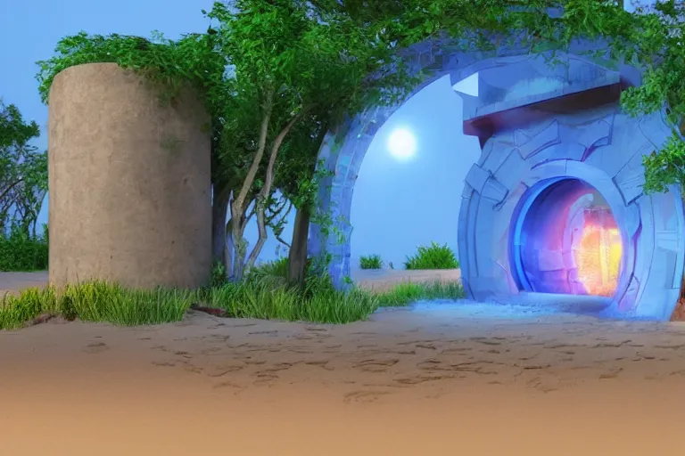 Prompt: a magical glowing portal in the middle of a city that leads to a beach, realistic