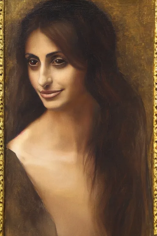 Image similar to oil painting, portrait of penelope cruz, artwork by leonardo da vinci