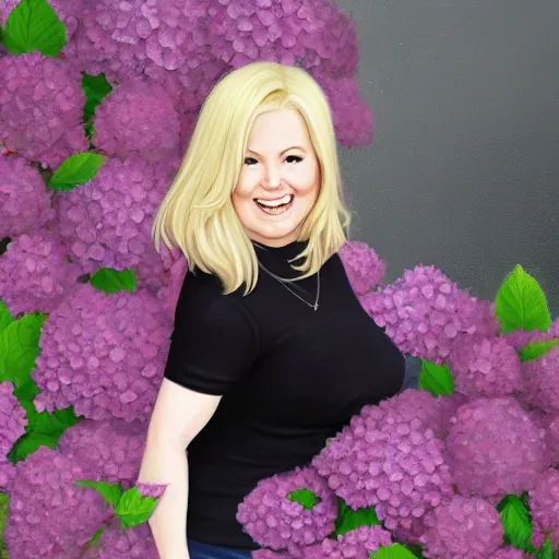 Image similar to 5 0 year old mildly overweight blonde woman, welcoming grin, wearing black, surrounded by hydrangeas, small white dog at her side, portrait, headshot, in the style of alexis franklin, thomas river, ross tran, wlop, artgerm, detailed, high quality