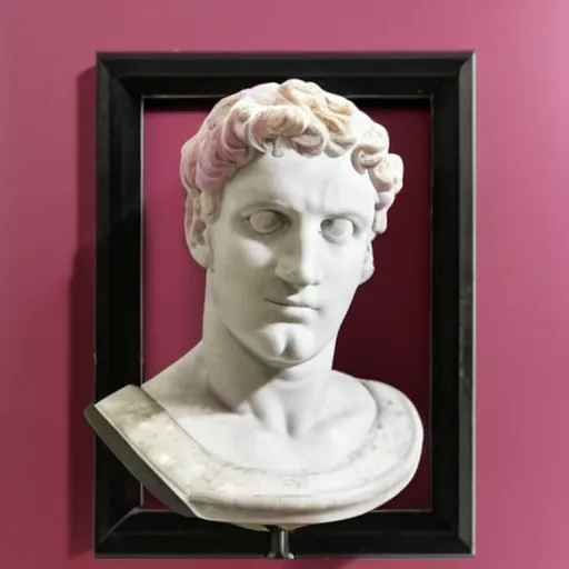 Image similar to a greco - roman marble bust sits on a pink and black checkerboard tile floor, a pink wall in the background with a framed photo of a cityscape at night