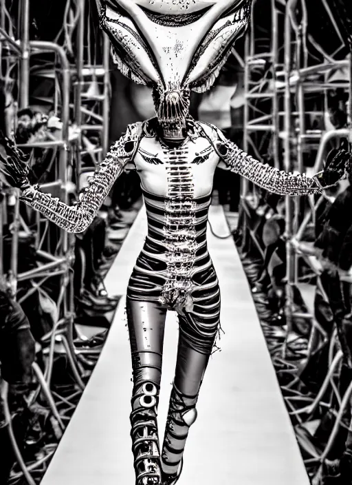 Image similar to walking down the catwalk, steven klein, show, stage, vogue photo, podium, h. r. giger organic steampunk fashion show photo,, beautiful woman, full body shot, masterpiece, inflatable shapes, white biomechanical details, highly detailed