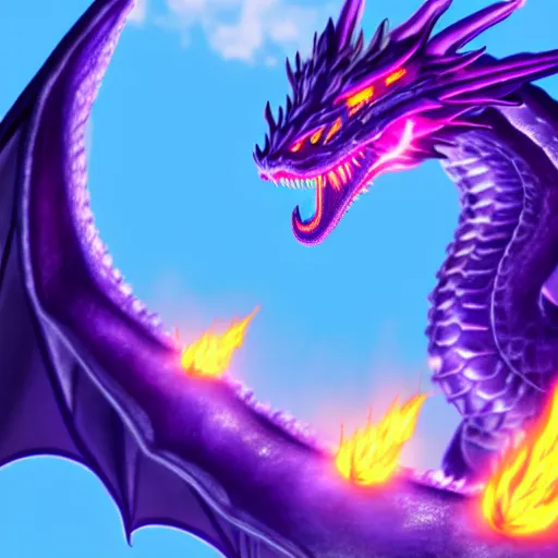 Prompt: hyperrealisitc dragon breathing purple flames in hd anime movie