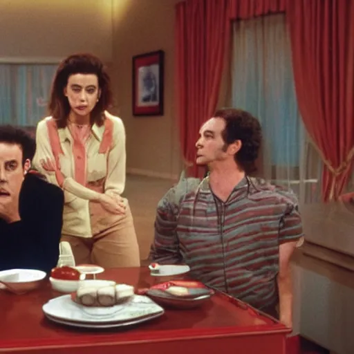 Prompt: seinfeld in the black lodge of twin peaks