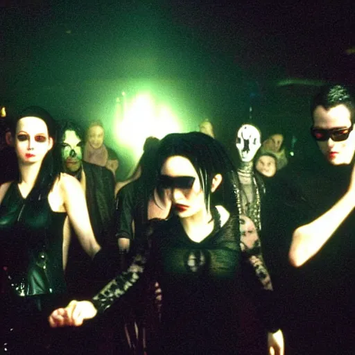 Image similar to High quality realistic photo of goths from the nightclub scene in the Matrix, 1999, dancing in a gothic nightclub. Kodak Ektar, 200 ISO, full length shot, beautiful & realistic faces, Bill Henson style chiaroscuro lighting, 90s cyberpunk anime style colour palette.