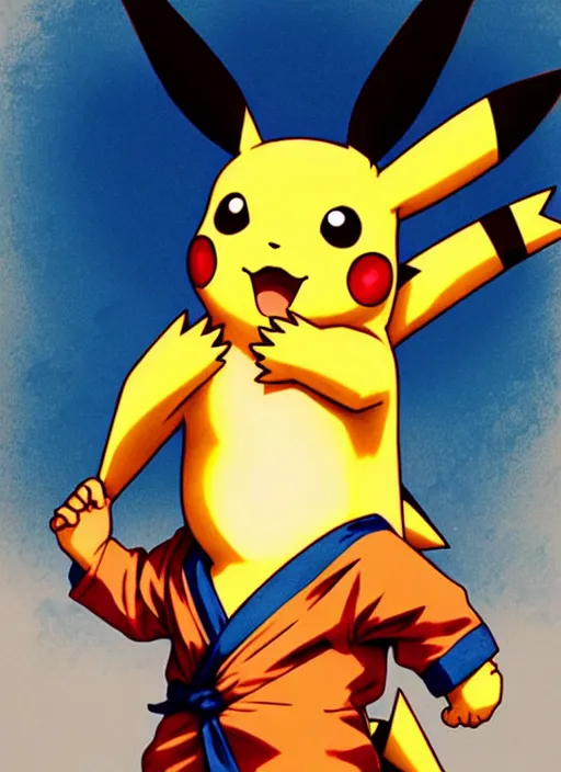 Image similar to Pikachu doing a high five to Goku, diffuse lighting, fantasy, intricate, elegant, highly detailed, lifelike, photorealistic, digital painting, artstation, illustration, concept art, smooth, sharp focus, art by John Collier and Albert Aublet and Krenz Cushart and Artem Demura and Alphonse Mucha