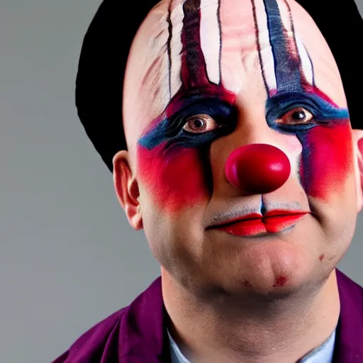 Prompt: a bald doctor wearing clown makeup
