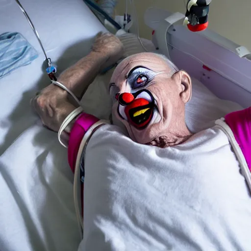 Image similar to delirious elderly clown supine in hospital bed, strapped into bed with restraints, trying to get out but unsuccessful, photograph, 8 k