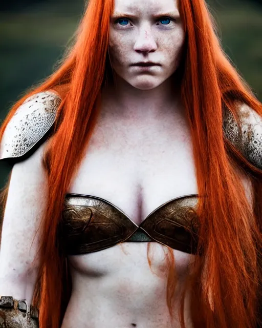 Image similar to north adult female warrior, red hair, ginger hair, long hair, fantasy, female Viking, high detailed, photography, cloudy, lightweight leather armour, Scandinavia, plain, detailed face, beautiful face, beautiful girl, look into the distance, professional model, glowing skin, serious face, full body,in full growth, professional photographer, masterpiece, 50 mm, extremely detailed, sharp focus, 8k, 3D