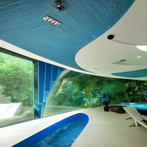 Image similar to a large blue futuristic room, startrek style, filled with plants, vegetation, rocks and a swimming pool.