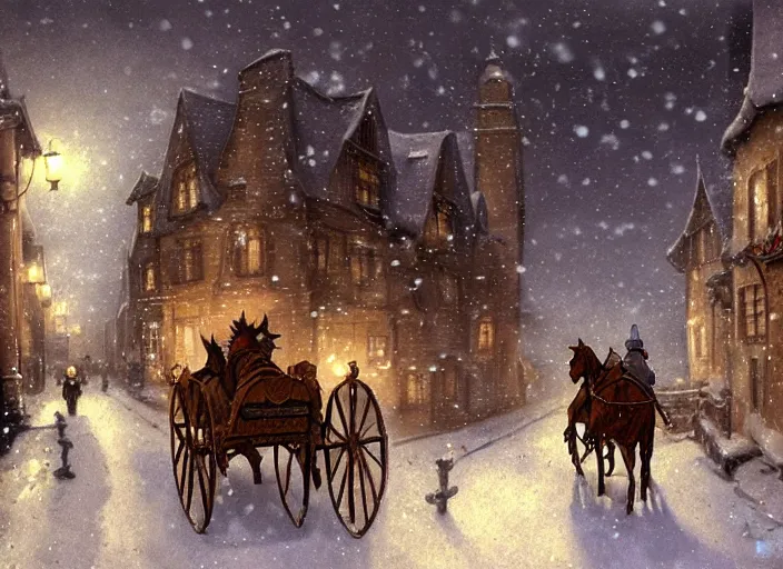 Image similar to a night scene of a snowy town with a horse drawn carriage, a detailed matte painting by anton pieck, deviantart contest winner, fantasy art, concept art, official art, matte drawing