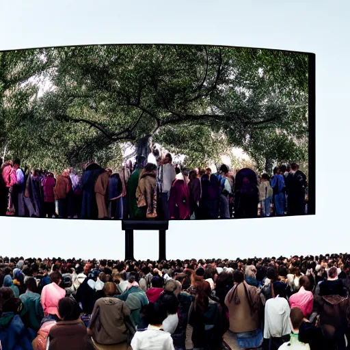 Image similar to a large crowd of people looking up at a large screen with tree displayed