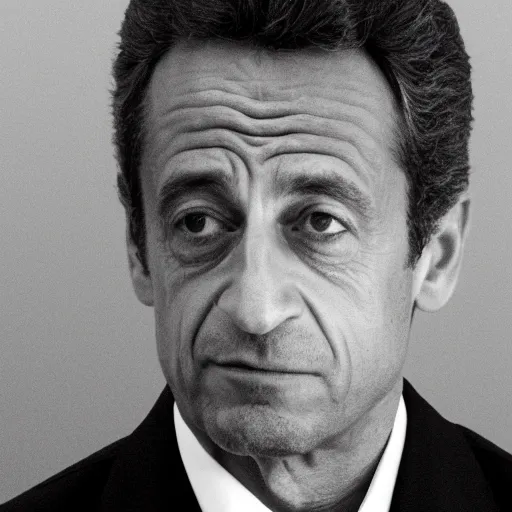 Prompt: very very low quality mugshot portrait of Nicolas Sarkozy, heavy grain, high contrast black and white