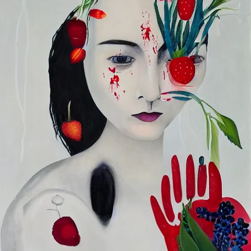 Image similar to “art in an Australian artist’s apartment, portrait of a depressed woman wearing white silk cloth stained by fresh raspberries and strawberries and blueberries, white wax, edible flowers, Japanese pottery, Australian native flannel flowers ikebana, black walls, acrylic and spray paint and oilstick on canvas”