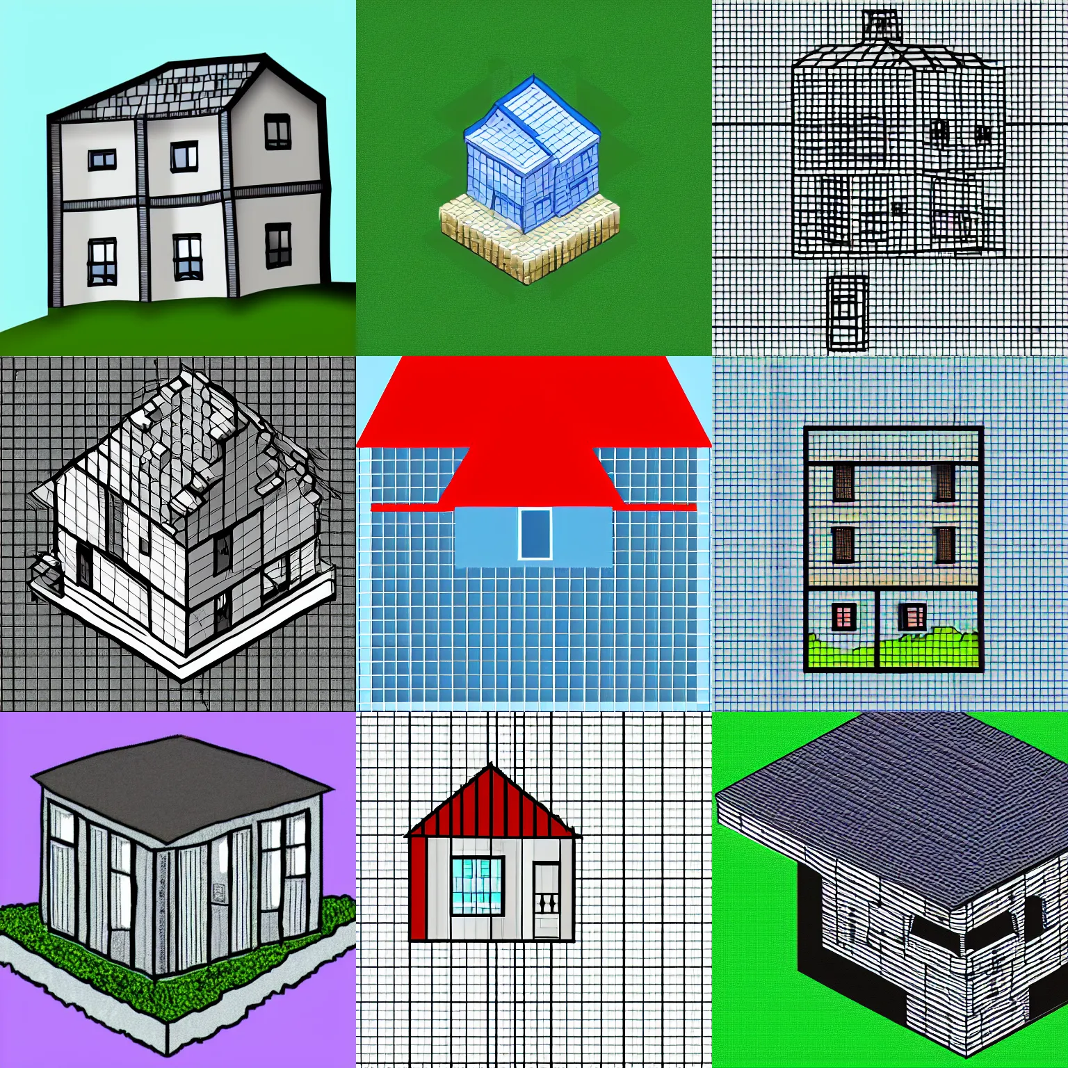 Prompt: two - dimensional sprite of a house placed on a three - dimensional grid, digital art, minimalist