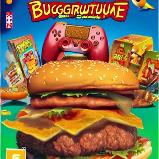 Prompt: video game box art of a ps 5 game called burgertime : recharged, 4 k, highly detailed cover art.