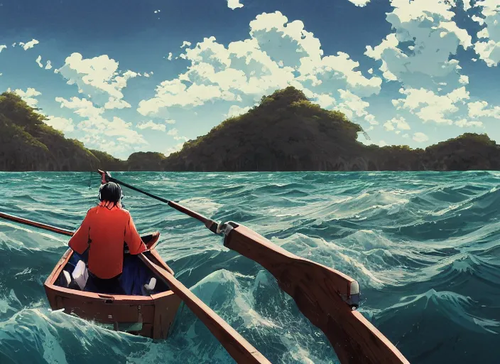 Image similar to anime three - point perspective illustration of a man fishing on a row boat in the middle of the ocean, by kim jung gi, paul heaston, makoto shinkai, simon stalenhag, greg rutkowski, hayao miyazaki, by studio ghibli. digital art, panaromic view, wide angle shot, trending on art station, cinematic, fish eye