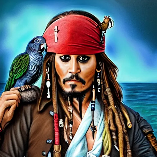 Image similar to jack sparrow with a parrot on the shoulder, portrait, 8k resolution, hyper detailed, realistic eyes